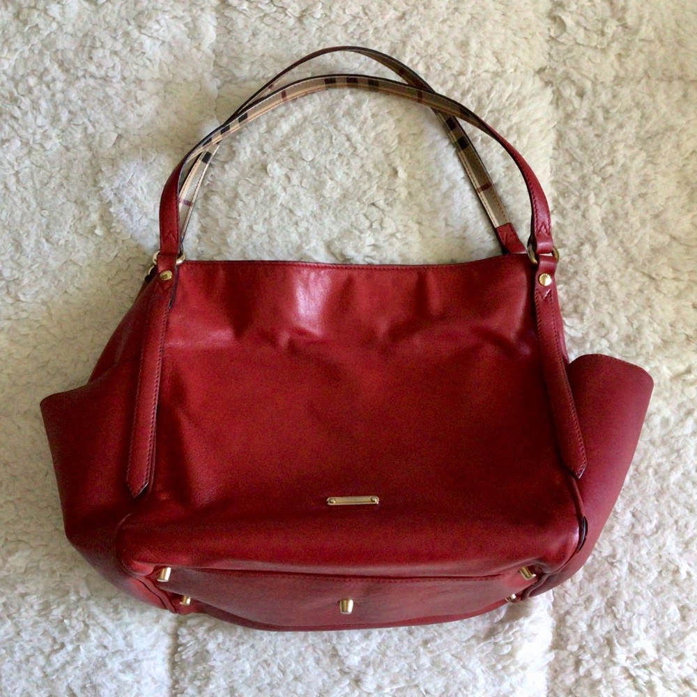 Burberry Calfskin Haymarket Check Small Canterbury Tote Red - Picture 1 of 15